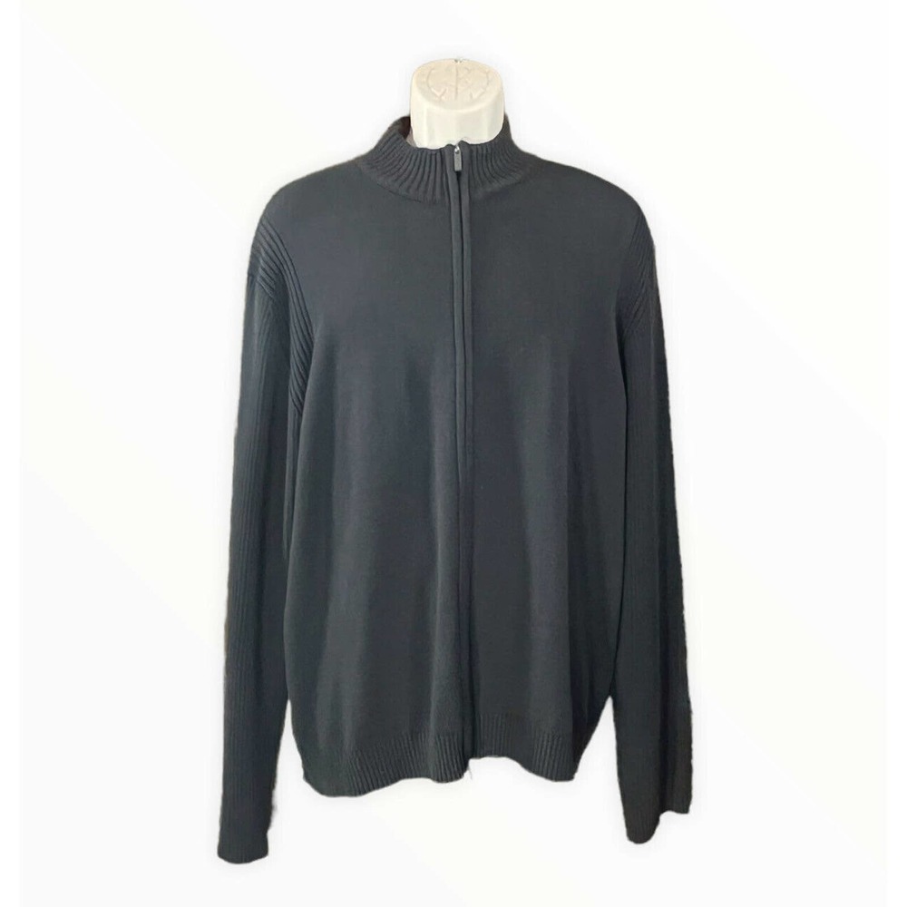 Kenneth Cole New York Sweater Mens Size XXL Full Zip Mock Neck Ribbed Black